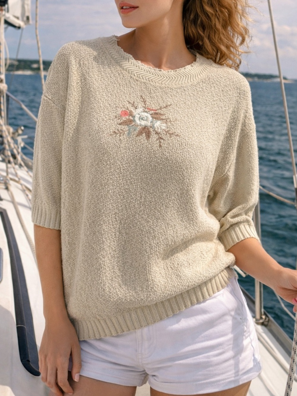 Vintage 90s Floral Embroidered Textured Sweater L Cottagecore Coastal Grandma